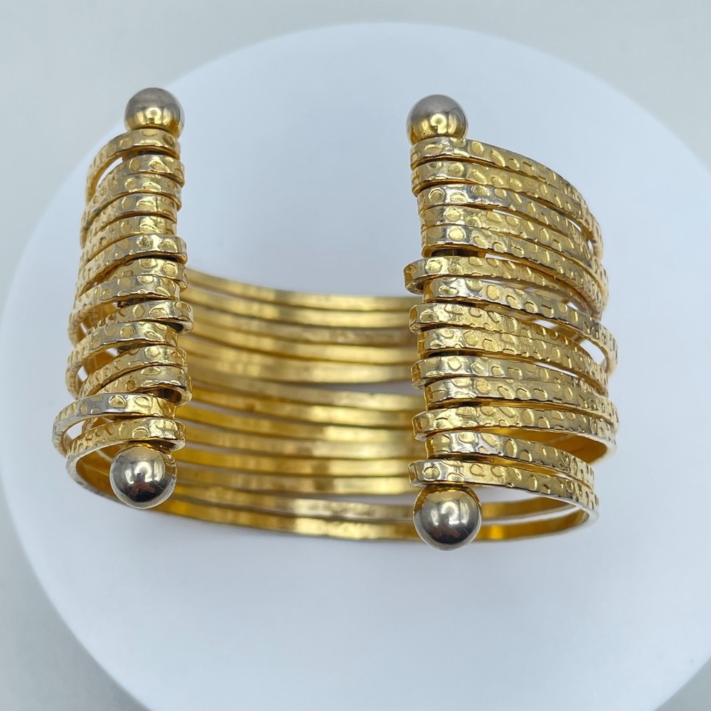 VTG Gold Tone Gladiator Wide Multi-Band Stacked Hammered Open Cuff Bracelet Boho - Picture 4 of 8